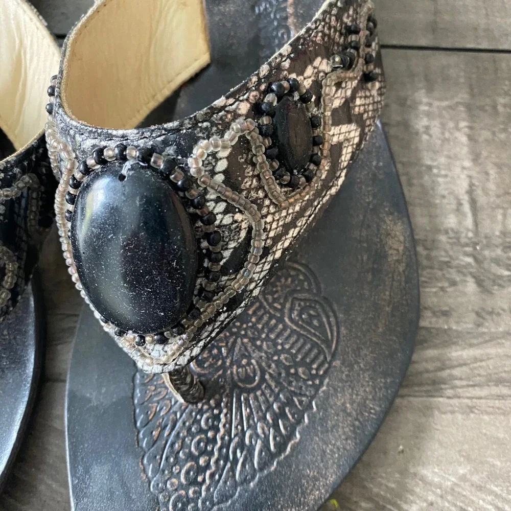 Naughty Monkey Women Boho Beaded Thong Sandals Black Bronze Size 7.5 Gypsy